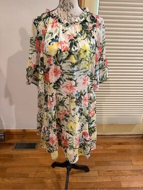H&M White Floral Off-Shoulder Midi Dress with Pink & Yellow Blooms
